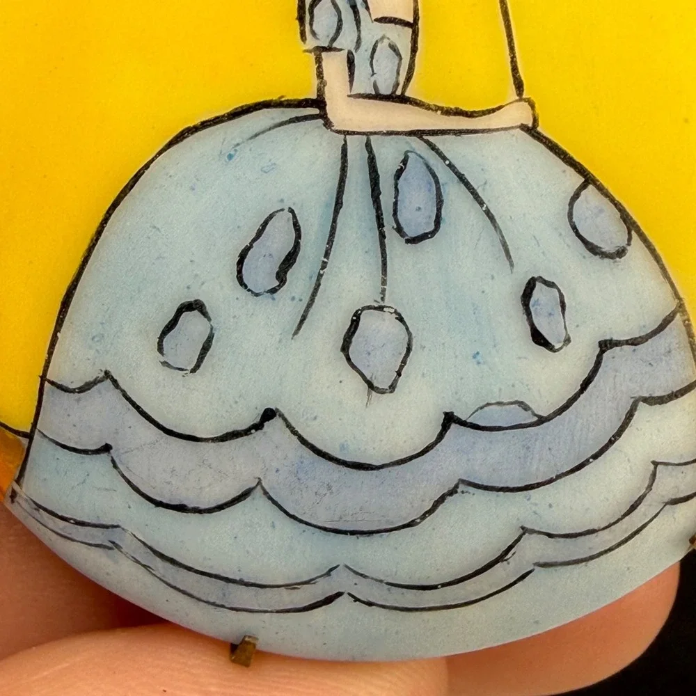 Vintage Victorian Painted Porcelain Brooch Yellow Woman With Umbrella